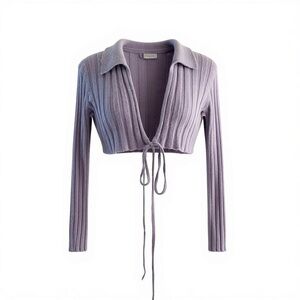 Beivy Lavender Knit Tie Front Long Sleeve Sweater Crop Top Sz M Collared Preppy